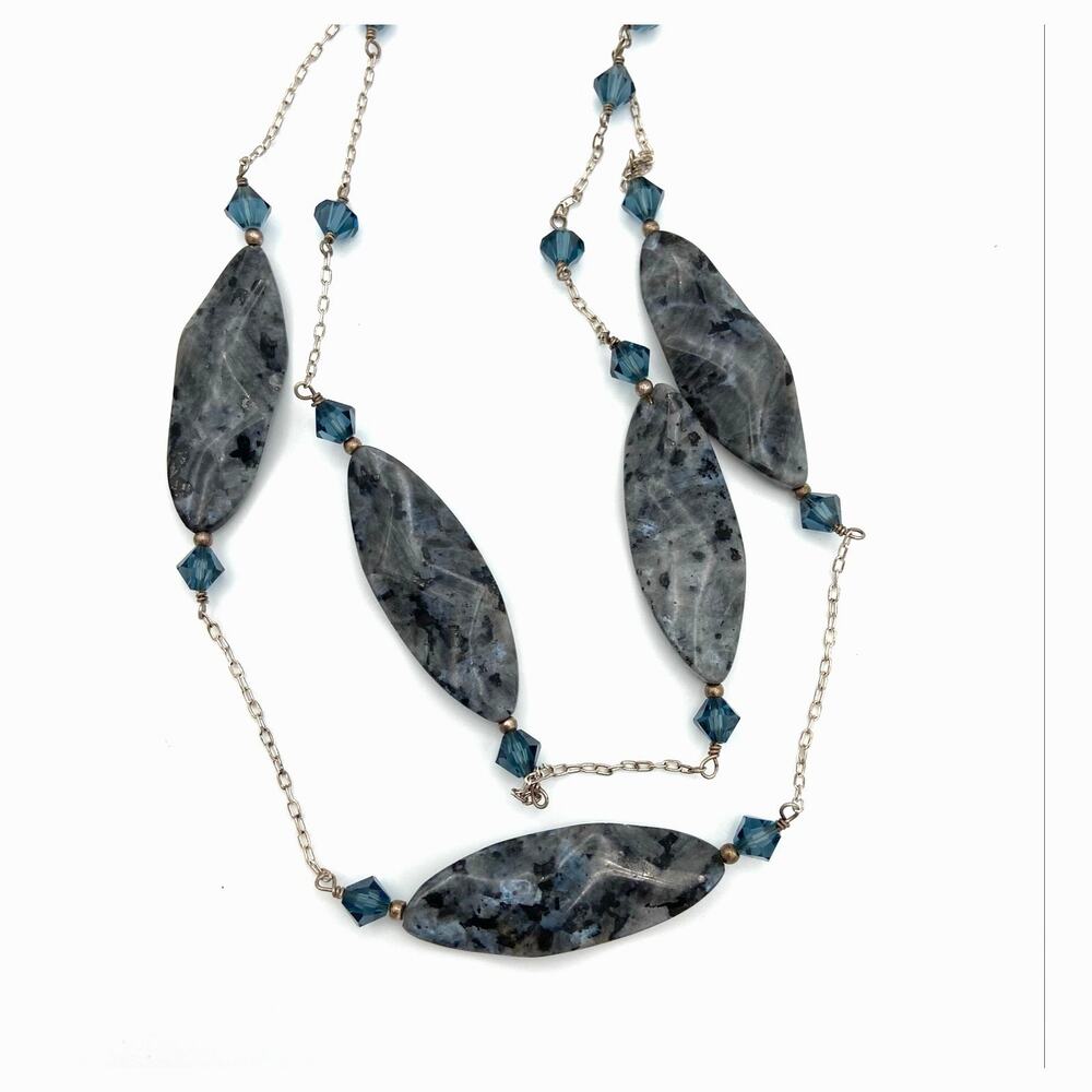 Larvikite Stone Necklace Two Strand Blue Glass Faceted Beads Silver Tone 24"